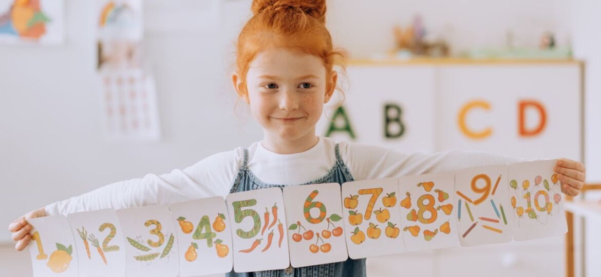 A young girl with red hair tied in a bun is standing in a classroom, smiling and holding a long strip of numbered cards. Each card displays a number from 1 to 10, illustrated with colorful fruits and vegetables. The background features a learning environment with alphabet letters on a shelf and various educational materials.